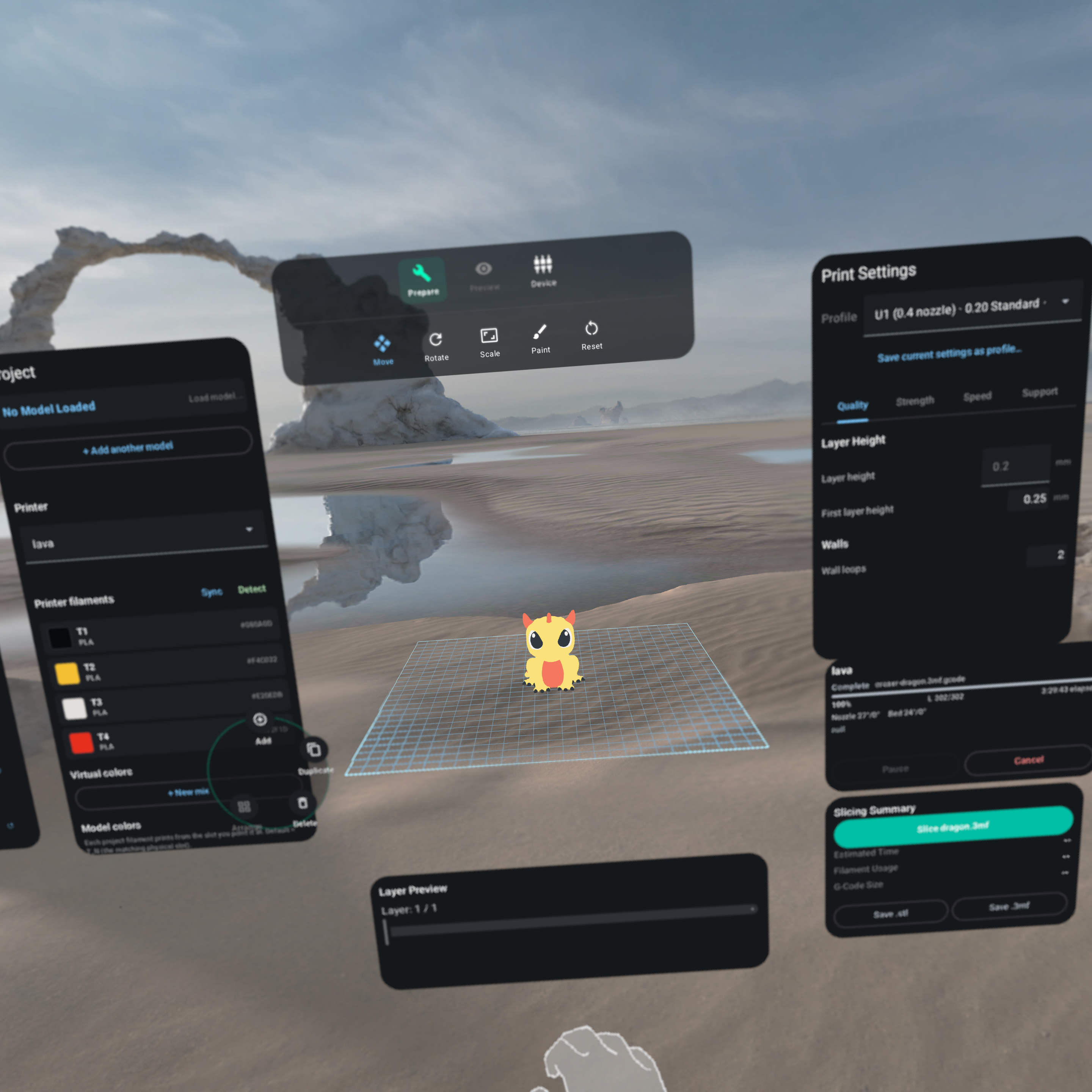 OrcaXR running in Full Space mode on Galaxy XR with the project, transform, and slicing panels arranged around a build plate.